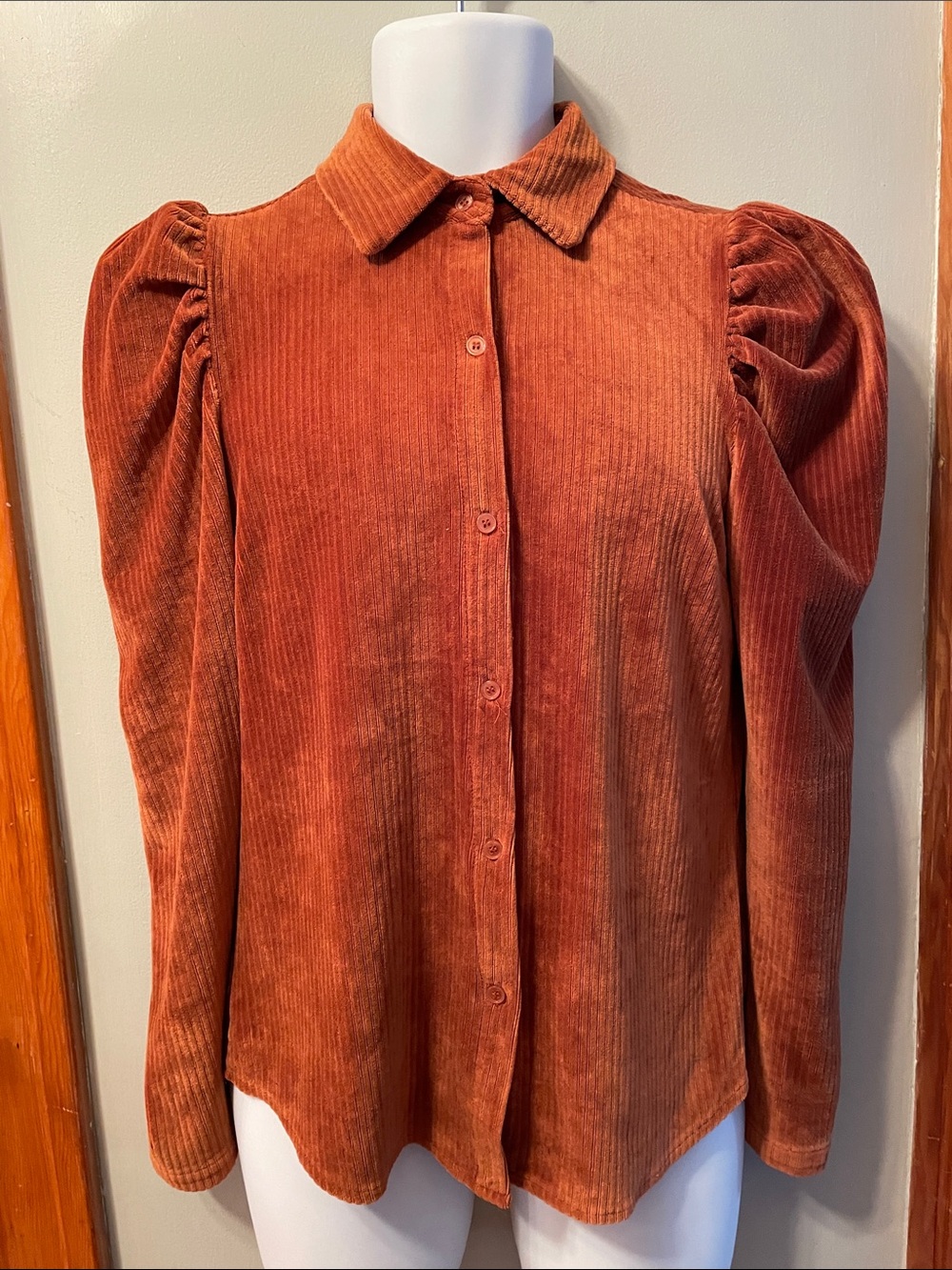 COSTES ‘BLUE’ Rust Puff-Sleeve Ribbed Feminine Classic Old Money Button-Up Shirt